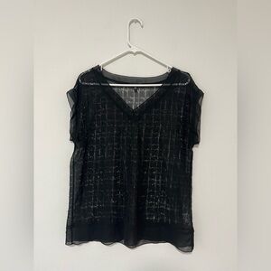 Eileen Fisher Black Sheer Laser Cut V-Neck Top